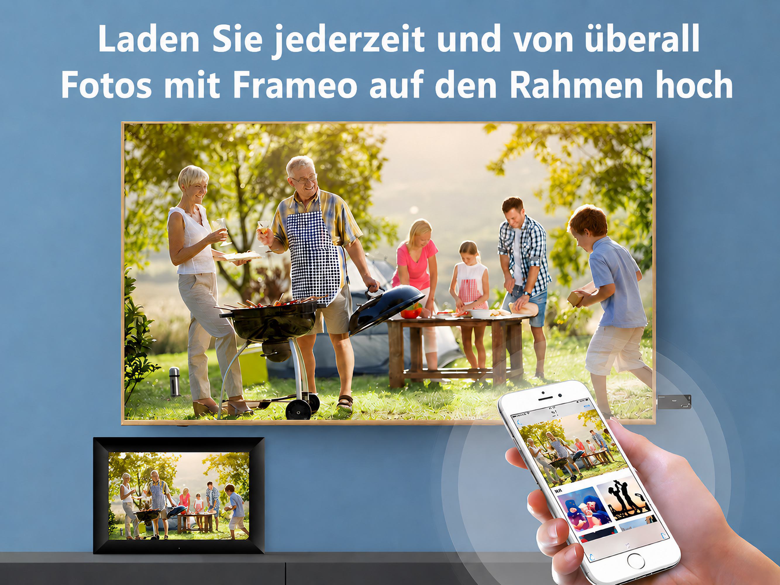 Familie grillt im Freien, eine Hand hält ein Smartphone mit Fotos.