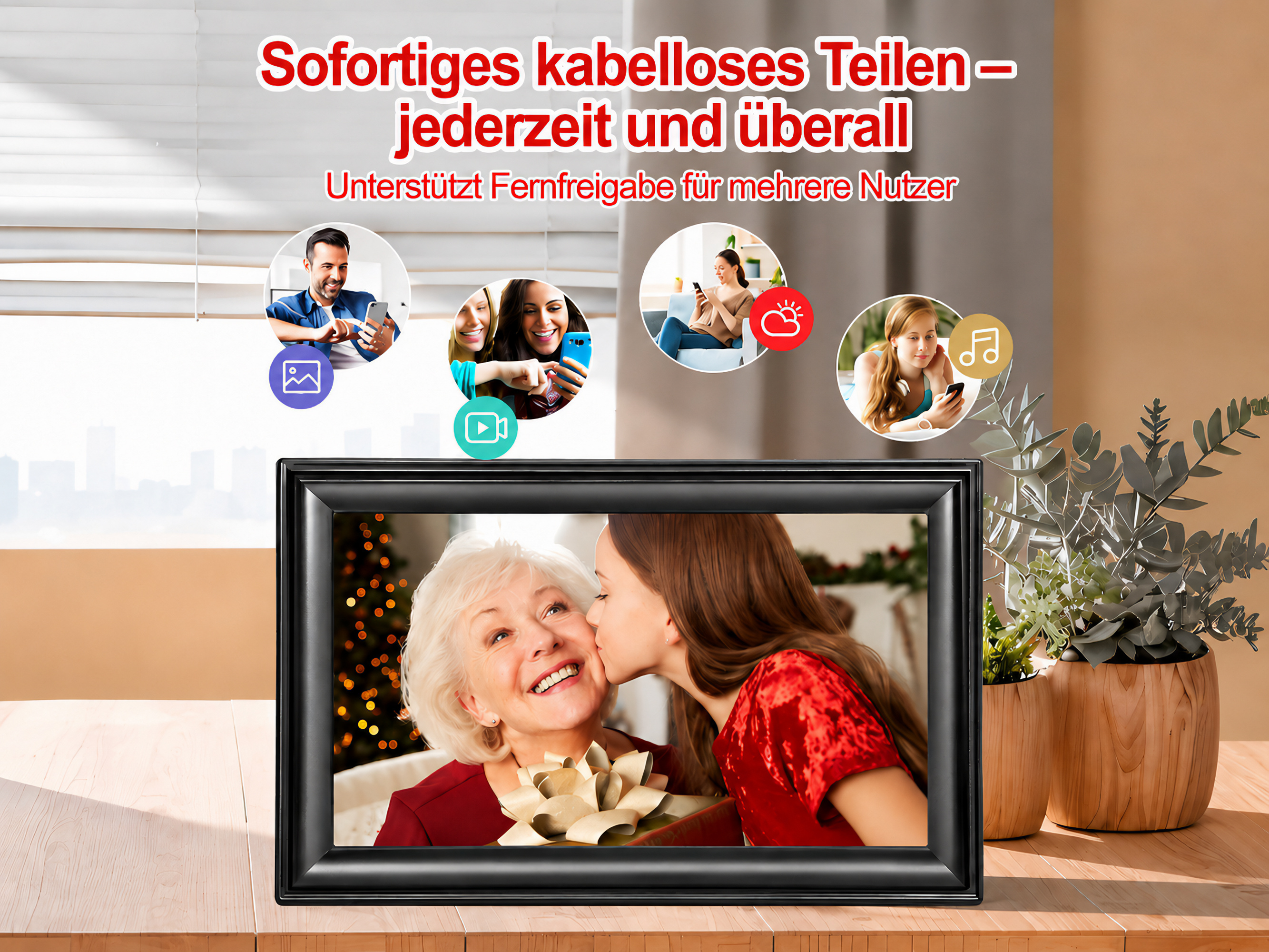 Ein Mann, zwei Frauen und ein junges Mädchen mit Handys. Gerahmtes Bild einer Großmutter und Enkelin.