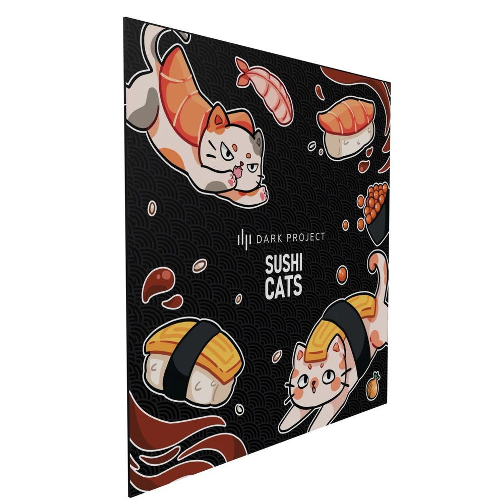 Przedstawia dwa koty sushi i różne elementy sushi na czarnym tle.