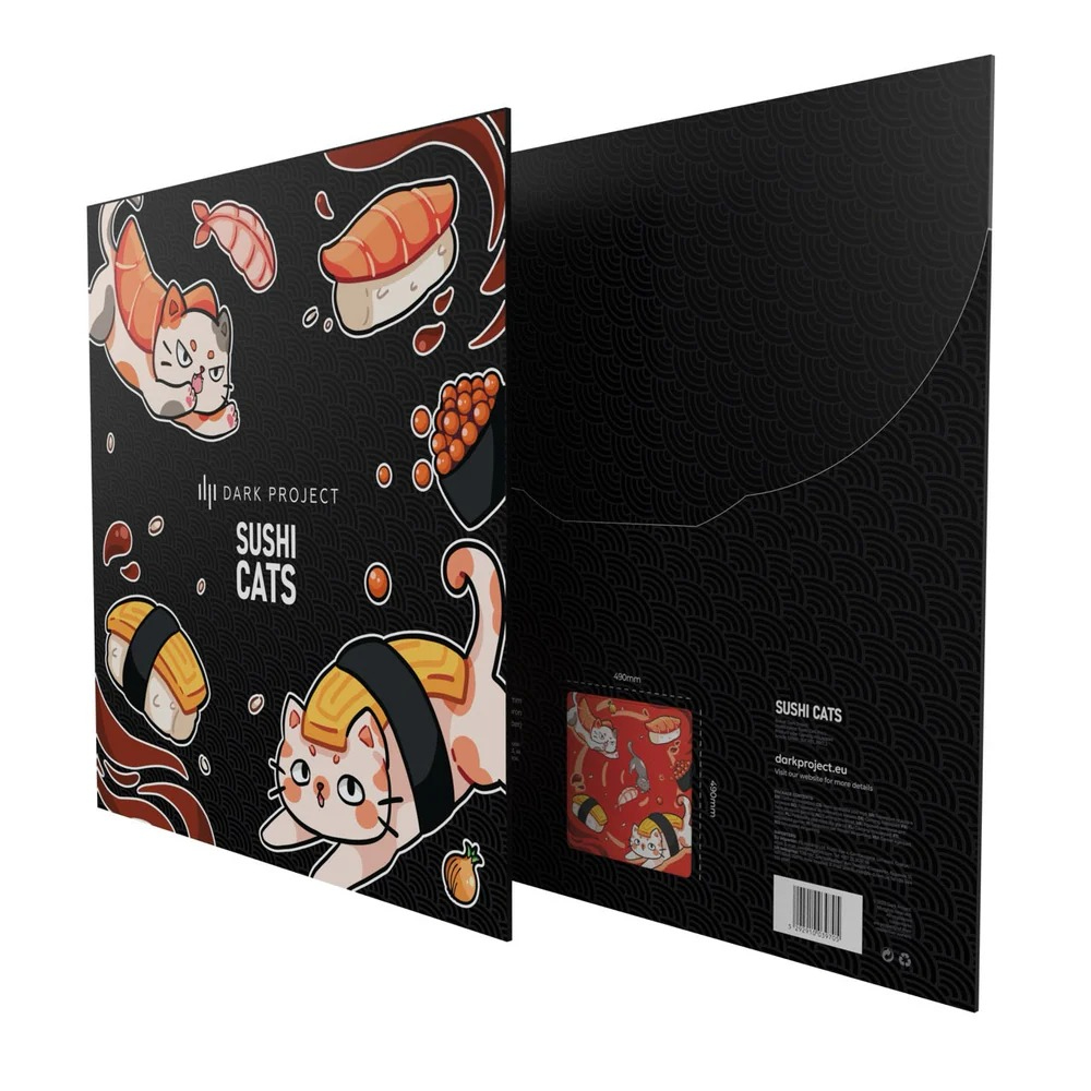 Czarna teczka z ilustracjami kotów sushi i elementami sushi.