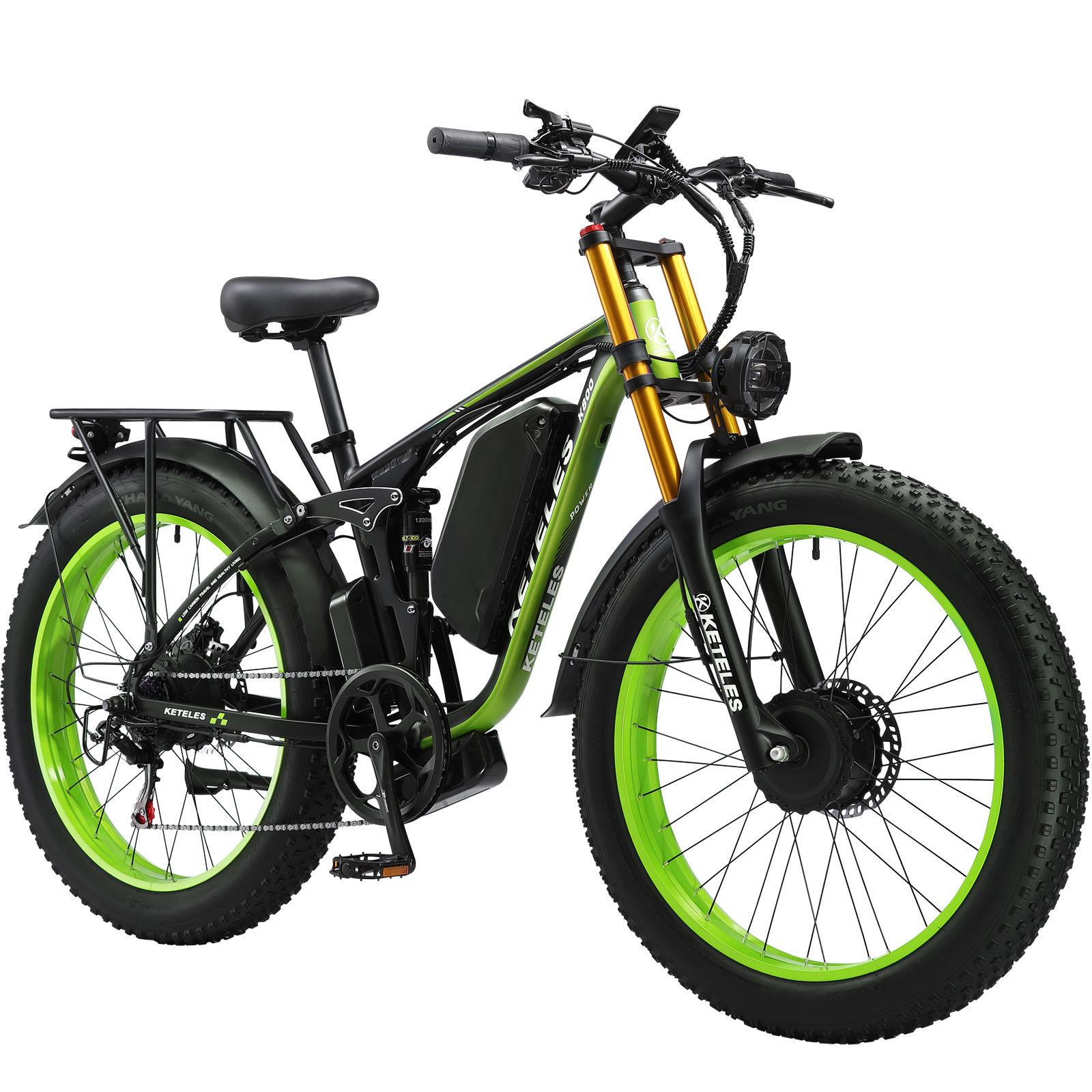 Zielono-czarny rower elektryczny fatbike z amortyzacją, na białym tle.