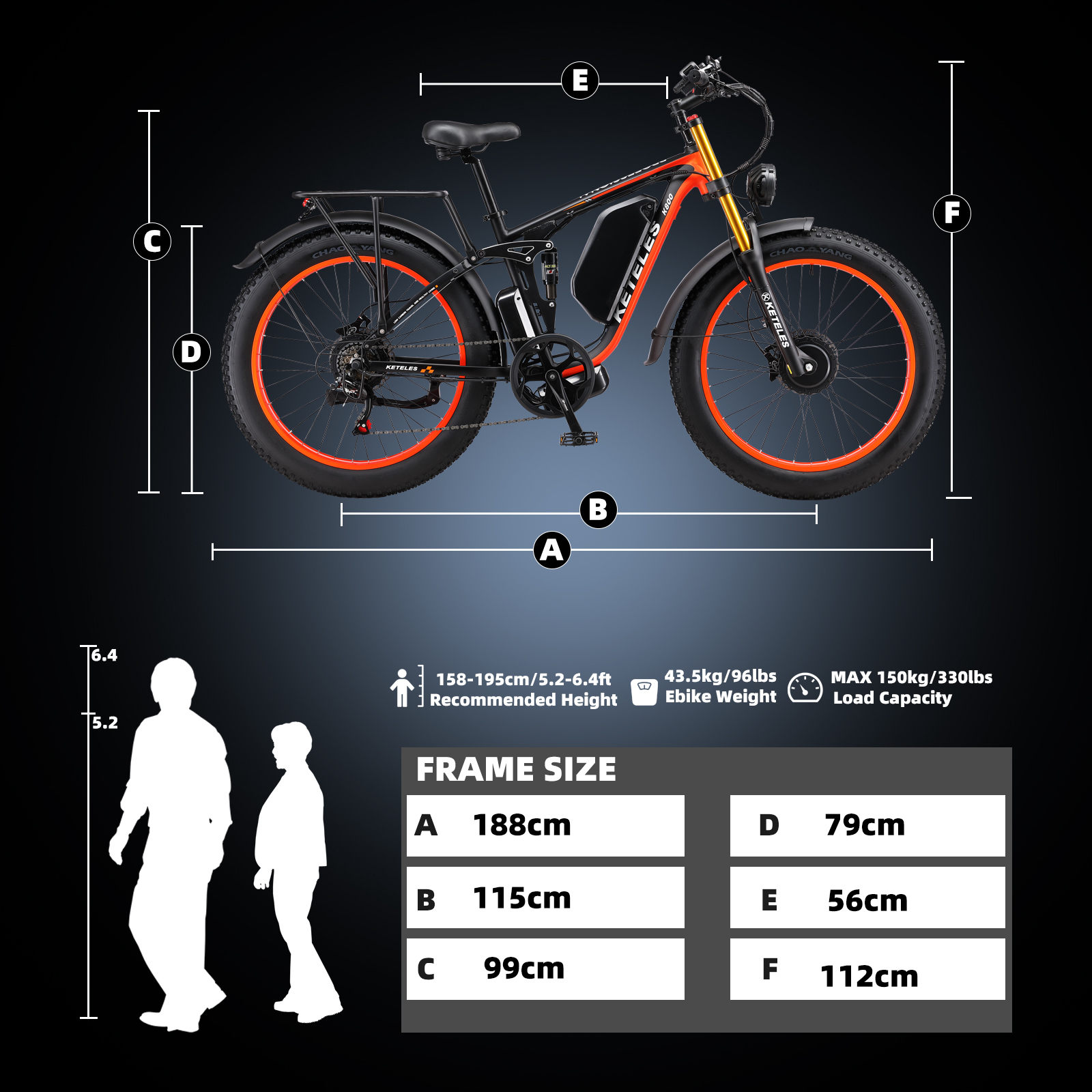 Wymiary roweru elektrycznego: Dł. 188cm, Szer. 115cm, Wys. 99cm, Głę. 79cm, E56cm, F112cm. Wzrost 158-195cm.