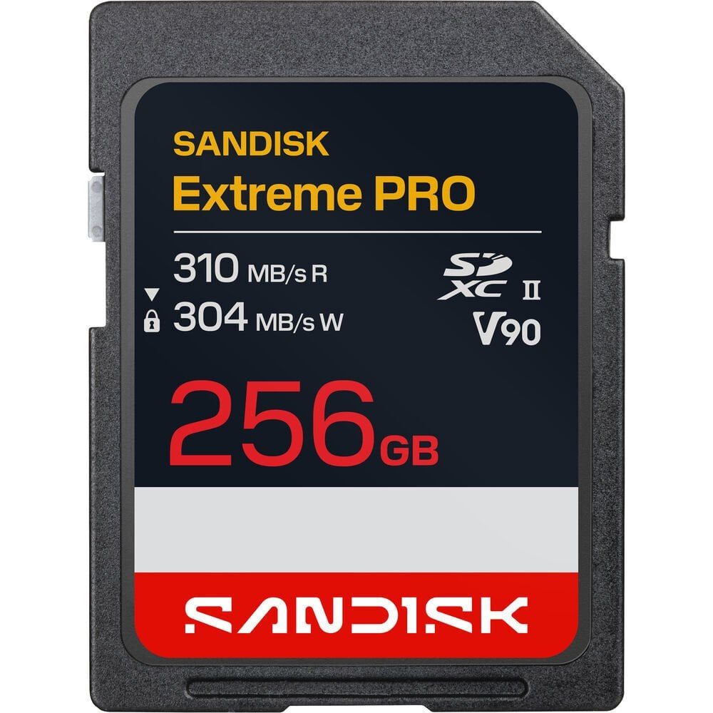 Sandisk Extreme Pro 256GB SD kart, 310MB/s okuma ve 304MB/s yazma hızında.