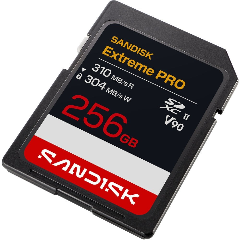 Sandisk Extreme PRO 256GB SDXC II V90 hafıza kartı, kırmızı ve beyaz vurgularla.