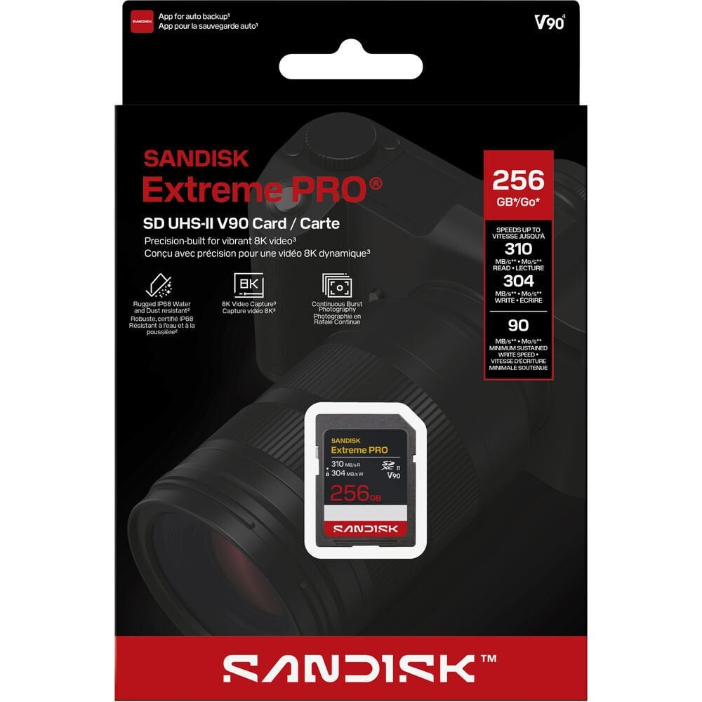 SanDisk Extreme PRO V90 SD kart ambalajı, 256 GB kapasiteli ve hız detaylı.