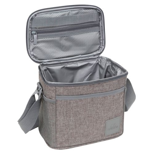 Graue Kühltasche mit offenem Deckel, isoliert, mit Schultergurt.