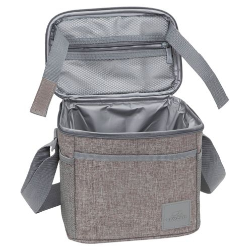Graue Kühltasche mit offenem Deckel, Trageriemen und Außentaschen.