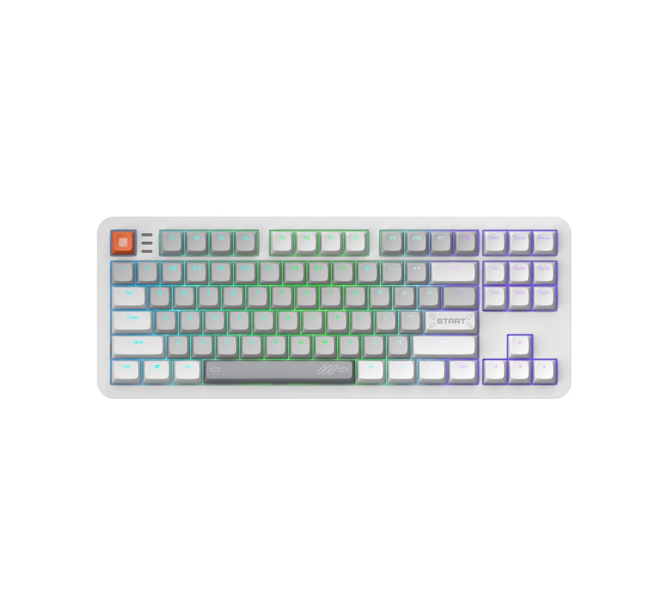 Biała klawiatura z podświetleniem RGB i wieloma klawiszami.