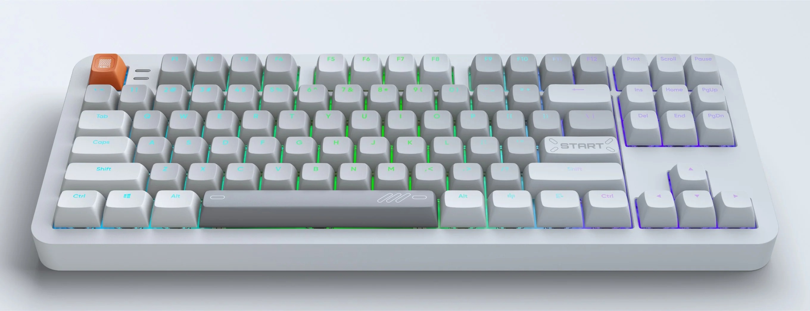 Biała klawiatura z podświetleniem RGB i pomarańczowym klawiszem ESC.