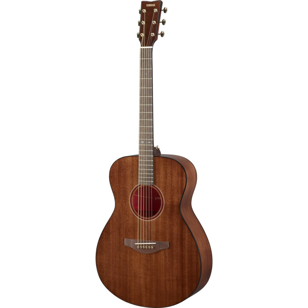 Brązowa gitara akustyczna Yamaha z sześcioma strunami i czerwonym otworem rezonansowym.