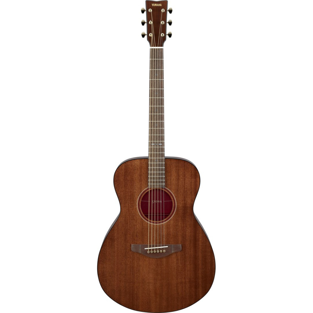 Brązowa gitara akustyczna Yamaha z sześcioma strunami i czerwonym otworem.