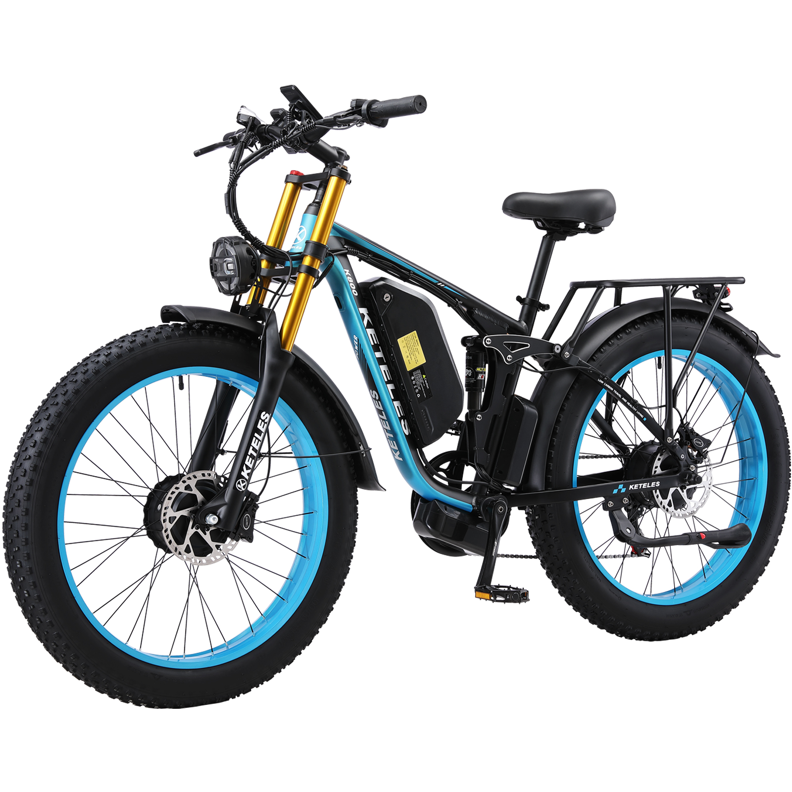 Niebiesko-czarny rower elektryczny typu fat bike ze złotym amortyzatorem.