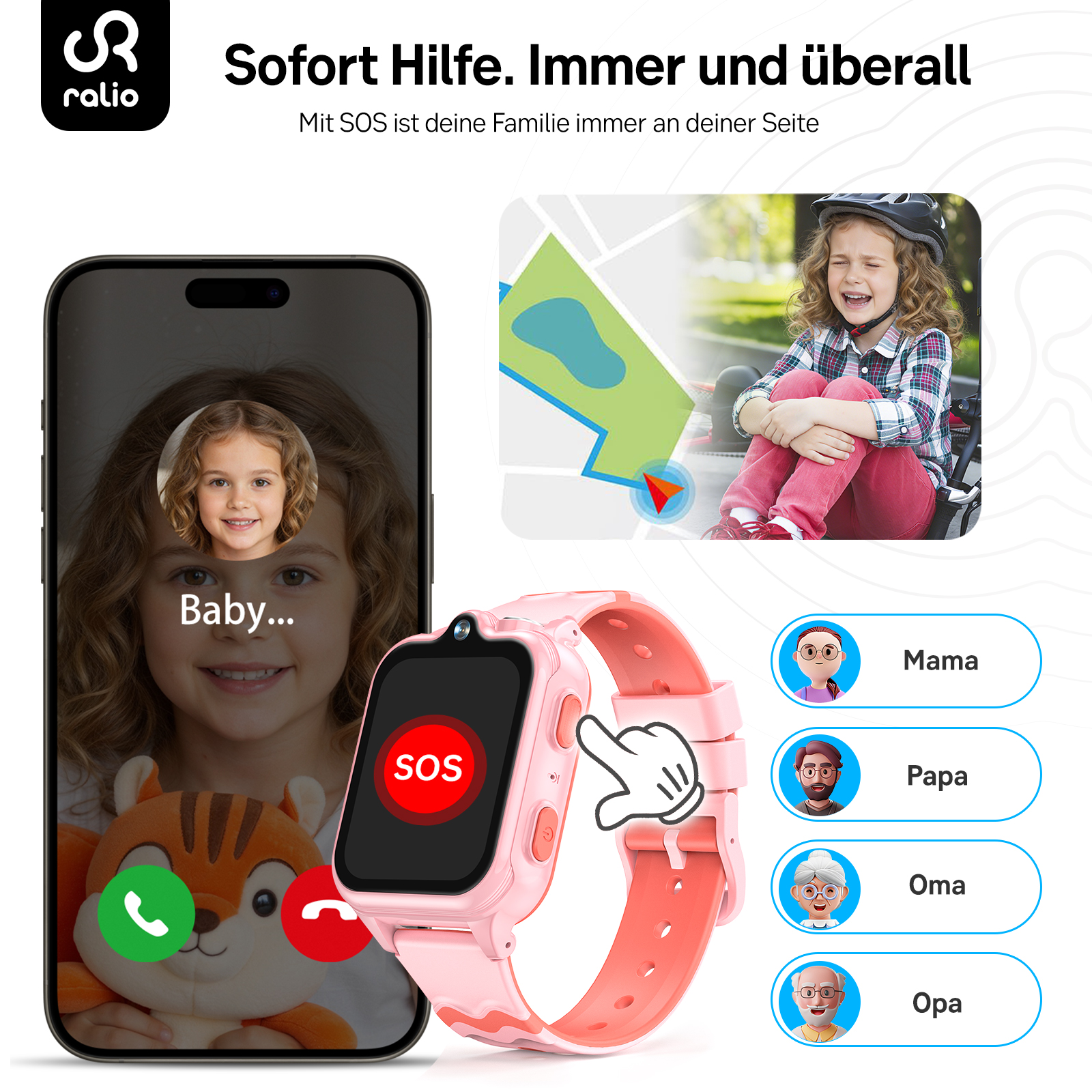 Ein rosa Smartwatch mit SOS-Taste, ein Handy mit Videoanruf und eine Karte.