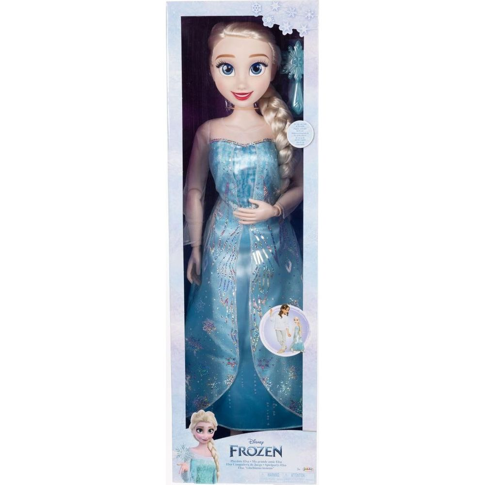 Una gran muñeca de Elsa de Frozen de Disney, con un vestido azul brillante en una caja.
