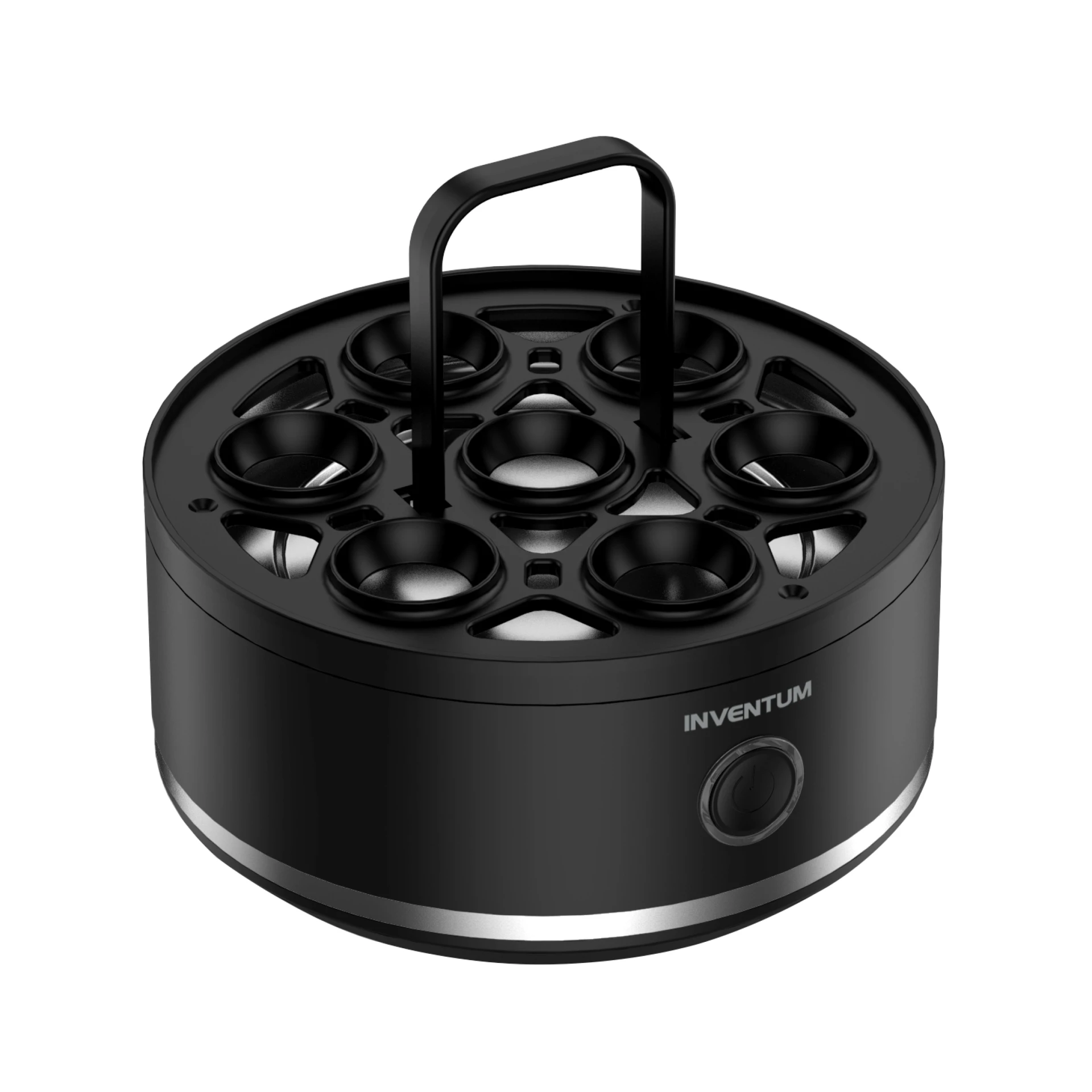 Black egg cooker with handle and space for six eggs.