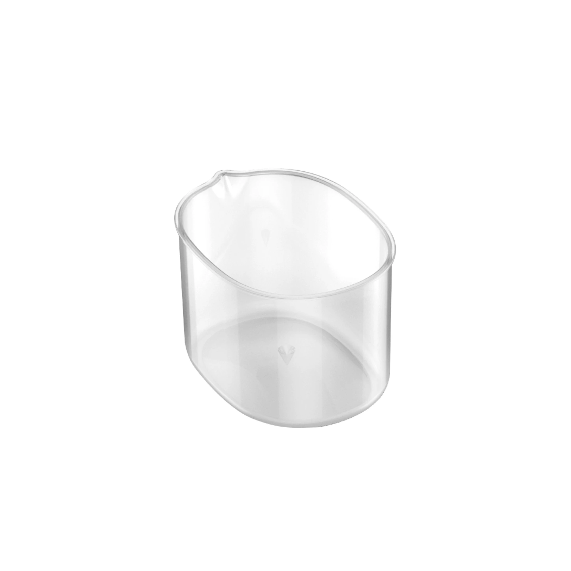 A clear, oval measuring cup with a spout.