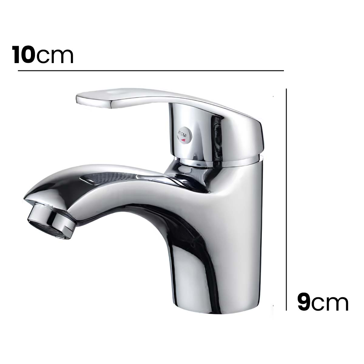 Ein glänzender Chromwasserhahn mit Messungen für Höhe und Tiefe.