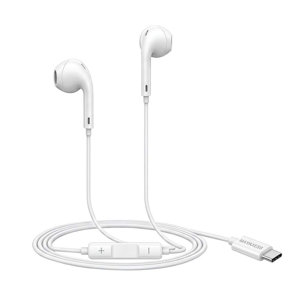 Auricolari bianchi con connettore USB-C e controllo volume in linea su sfondo bianco.