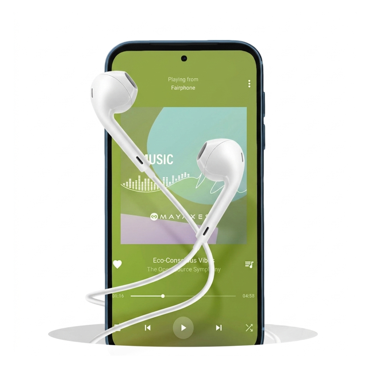 Auricolari bianchi su uno smartphone che riproduce musica.