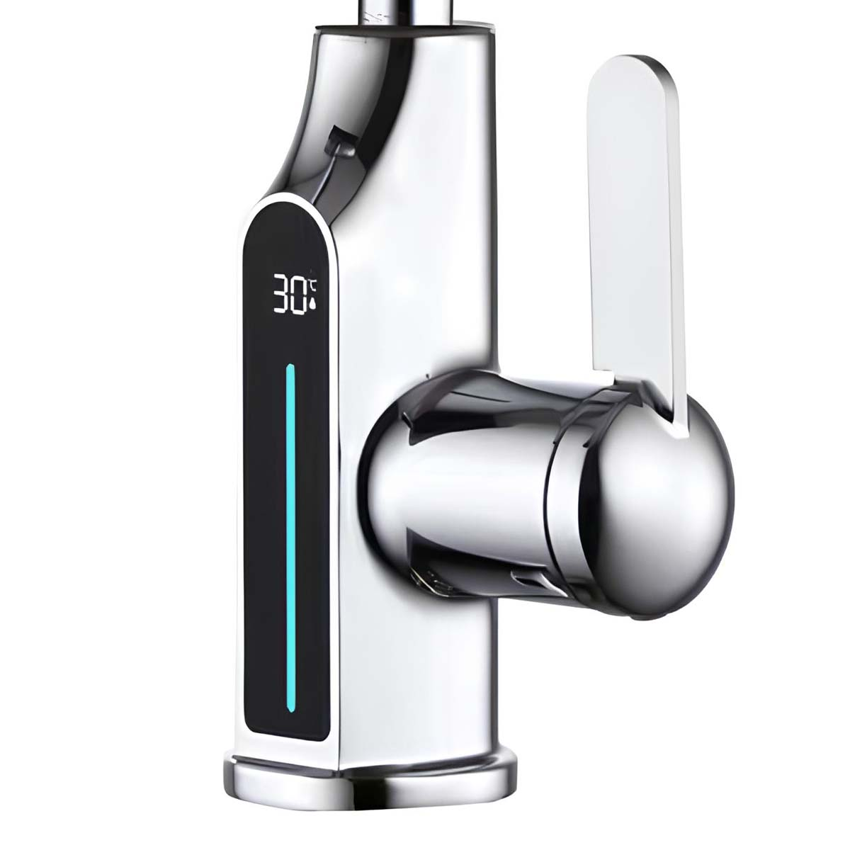 Ein glänzender Chromwasserhahn mit digitaler Temperaturanzeige zeigt 30°C an.