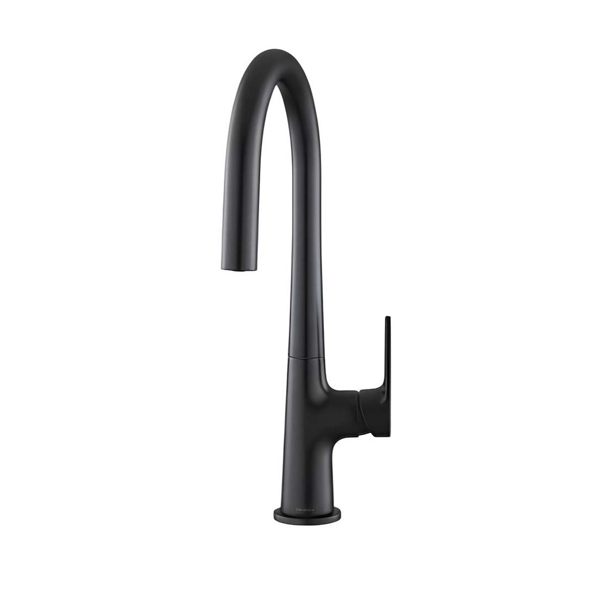 Ein schlanker, mattschwarzer Wasserhahn mit einem hohen, gebogenen Auslauf und einem seitlichen Hebel.