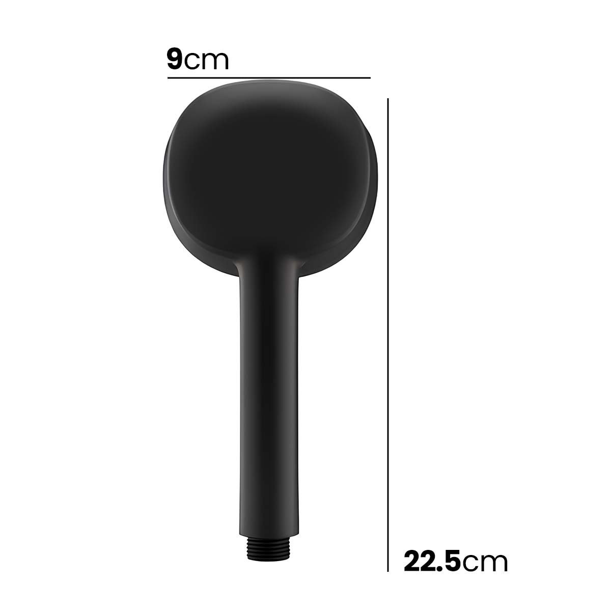 Schwarzer Duschkopf mit Griff, 9 cm breit und 22,5 cm lang.