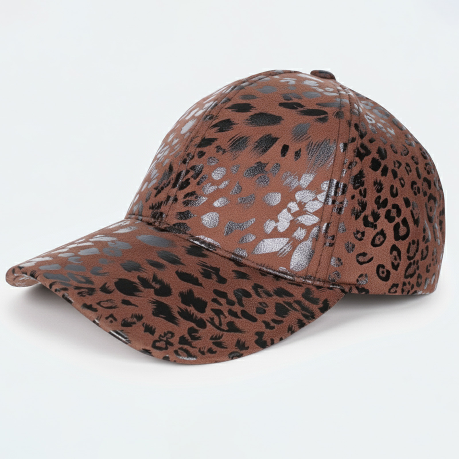 Brauner Baseballhut mit Leopardenmuster in Schwarz und Silber.