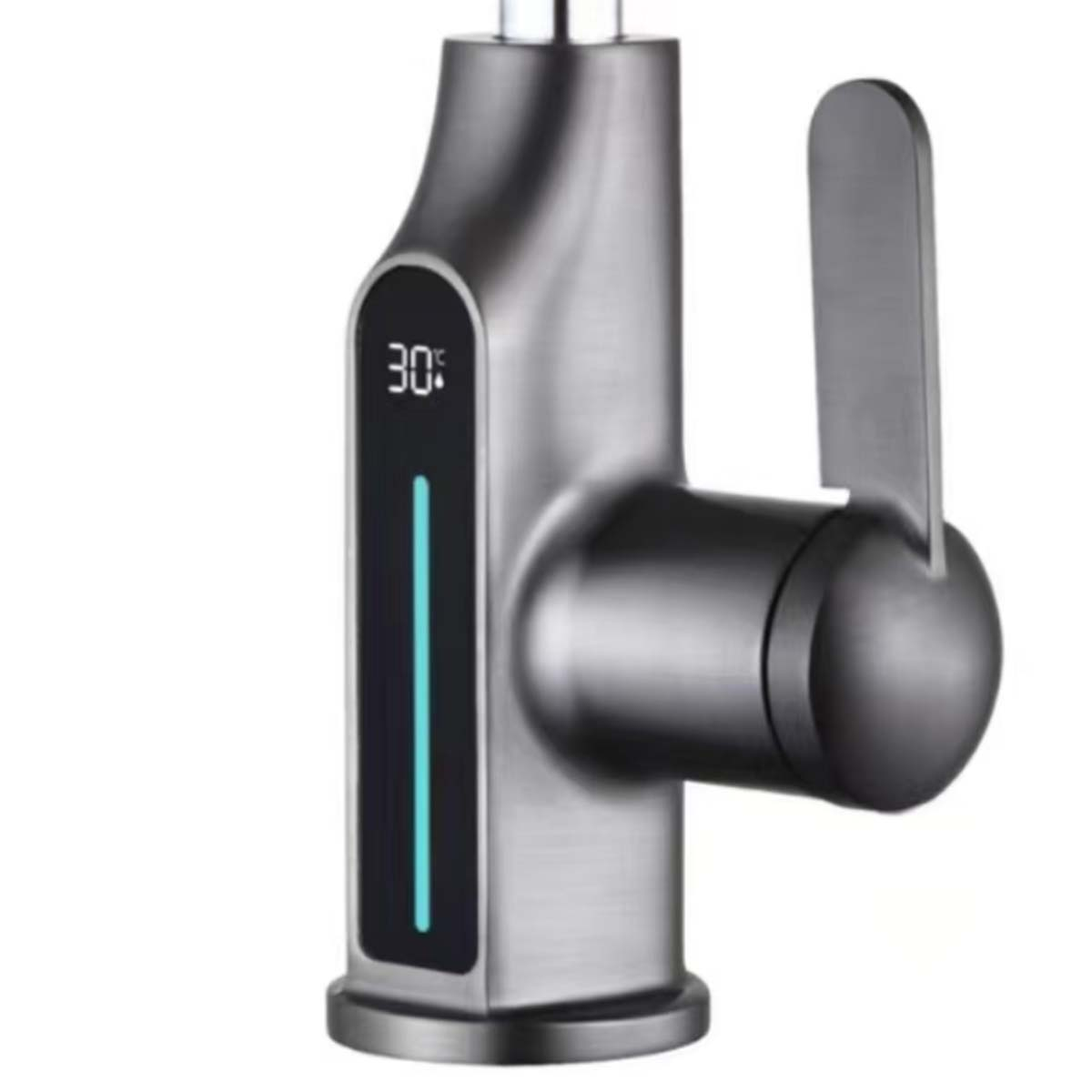 Moderner Wasserhahn mit digitaler Anzeige von 30 Grad und blauem Lichtstreifen.