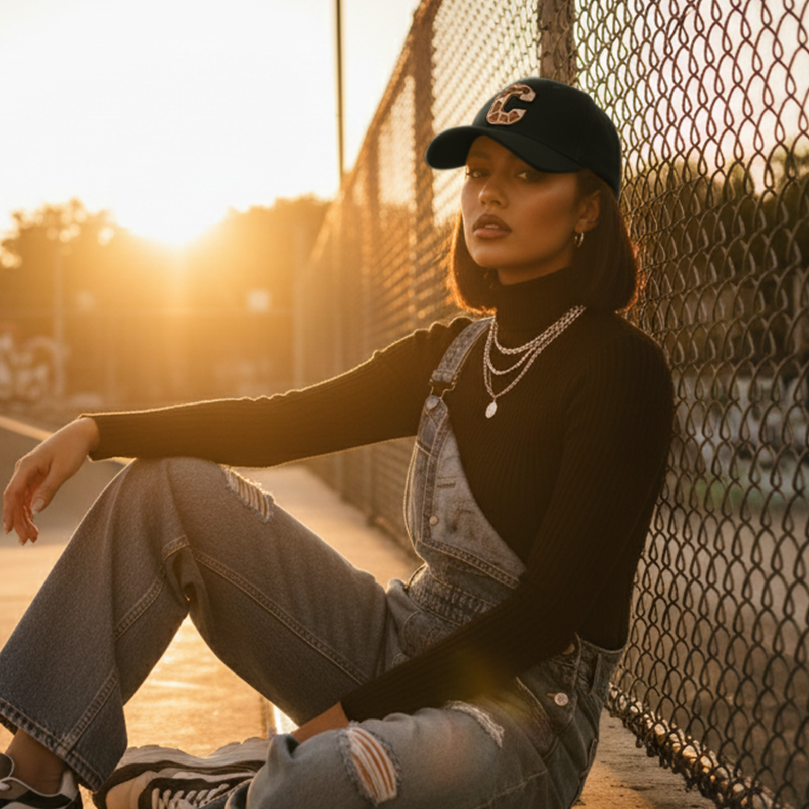 Eine Frau mit Cap und Latzhose sitzt im Sonnenuntergang.