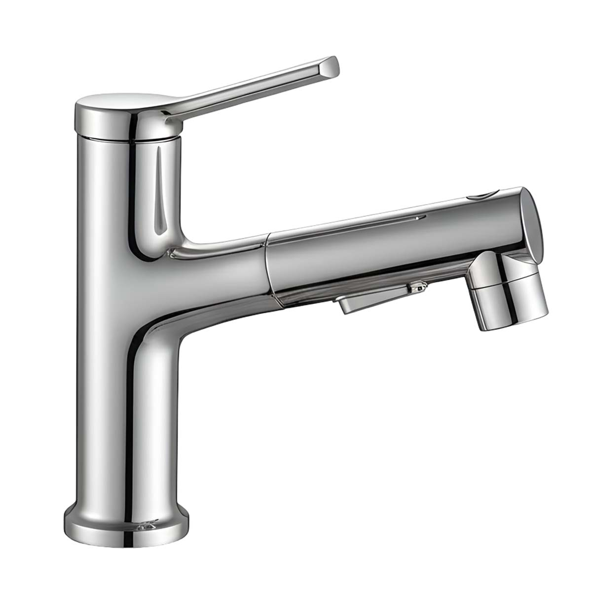 Ein glänzender Chrom Wasserhahn mit ausziehbarem Auslauf, auf weißem Hintergrund.