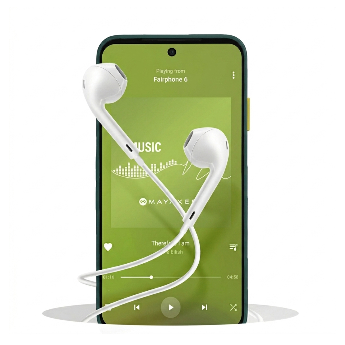 Auricolari bianchi davanti a uno smartphone con interfaccia app musicale verde.