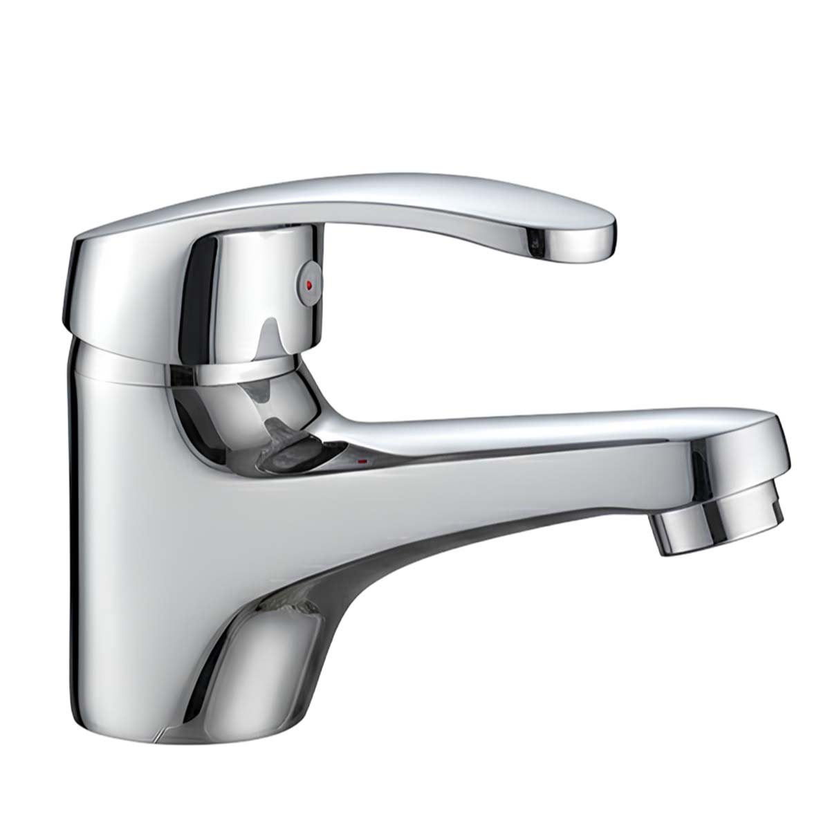 Ein glänzender Chromwasserhahn mit einem Hebel und einem Auslauf.