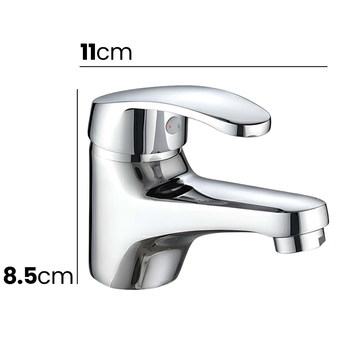 Chrom-Armatur mit Beschriftungen 11cm und 8,5cm.
