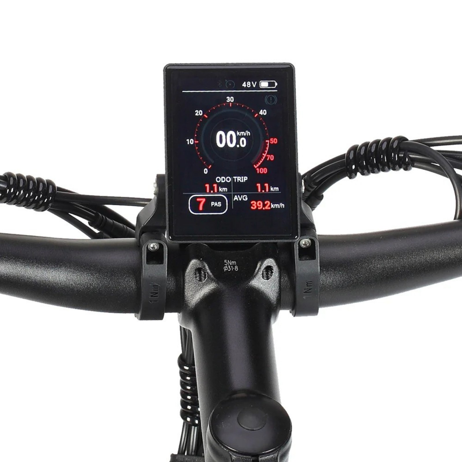 Wyświetlacz roweru elektrycznego pokazuje 48V, 0 km/h, 1.1 km ODO/TRIP, poziom 7 PAS, 39.2 km/h AVG.