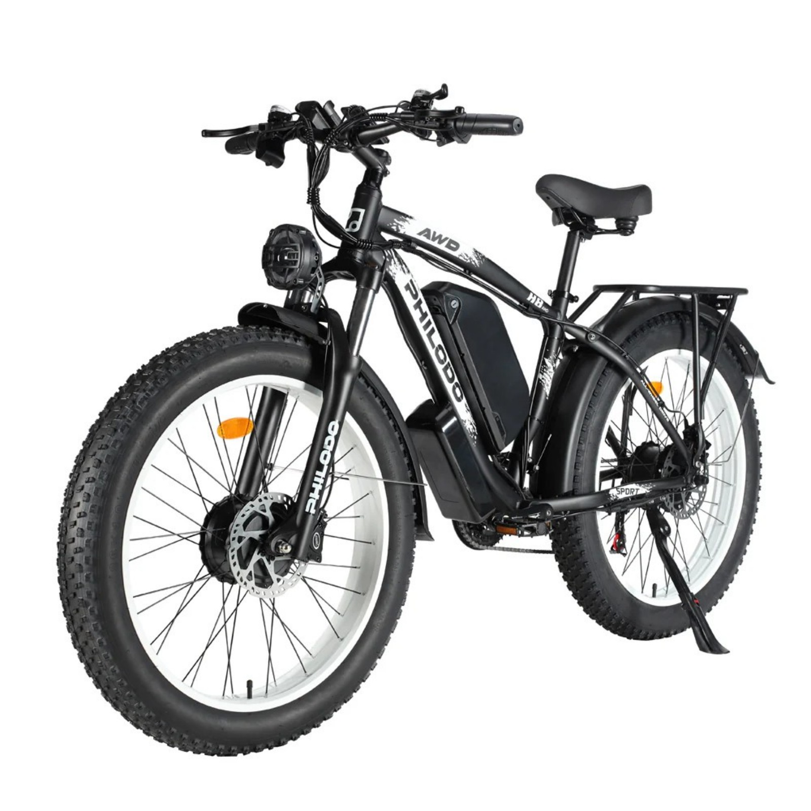 Czarny rower elektryczny fatbike z oświetleniem i bagażnikiem.