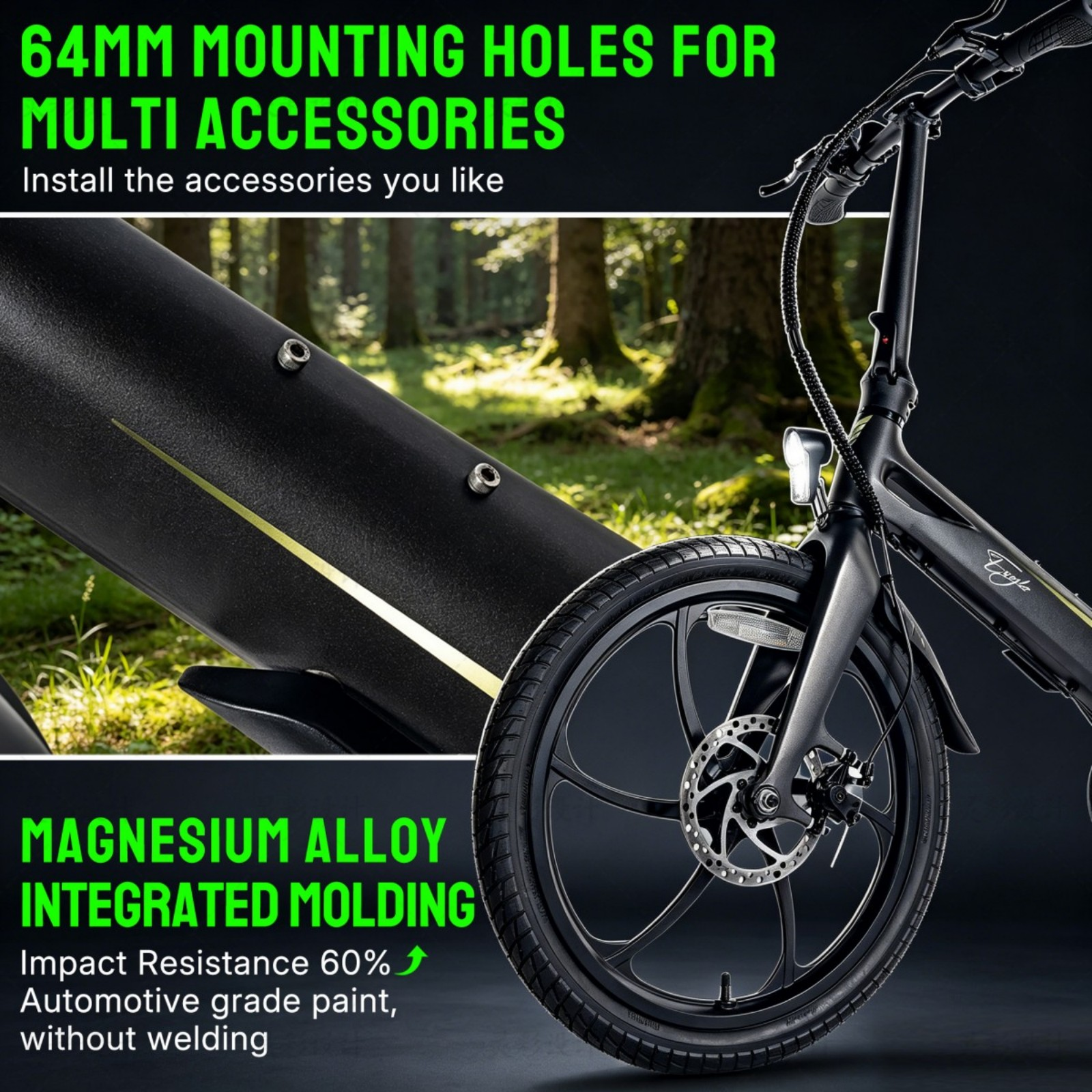 Czarny rower elektryczny z otworami montażowymi 64 mm i ramą ze stopu magnezu.