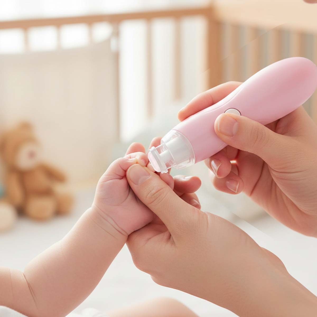 Eine Hand hält den Fuß eines Babys, während eine andere Hand einen rosa Nagelknipser benutzt.