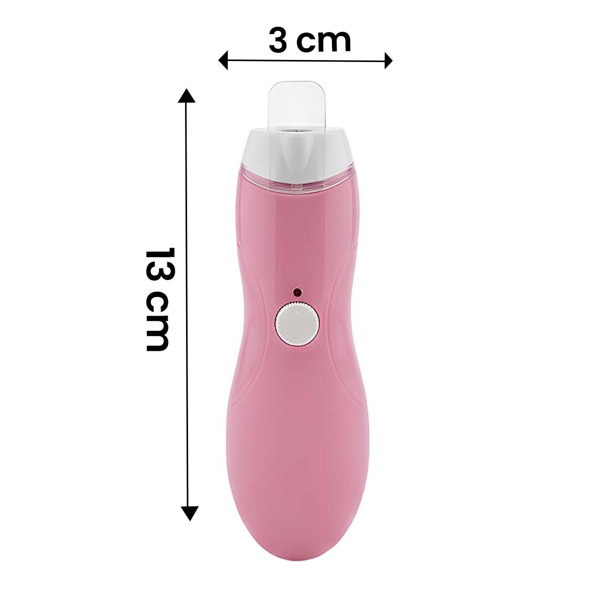 Ein rosafarbener Nageltrimmer, 13 cm lang und 3 cm breit, mit weißem Knopf.