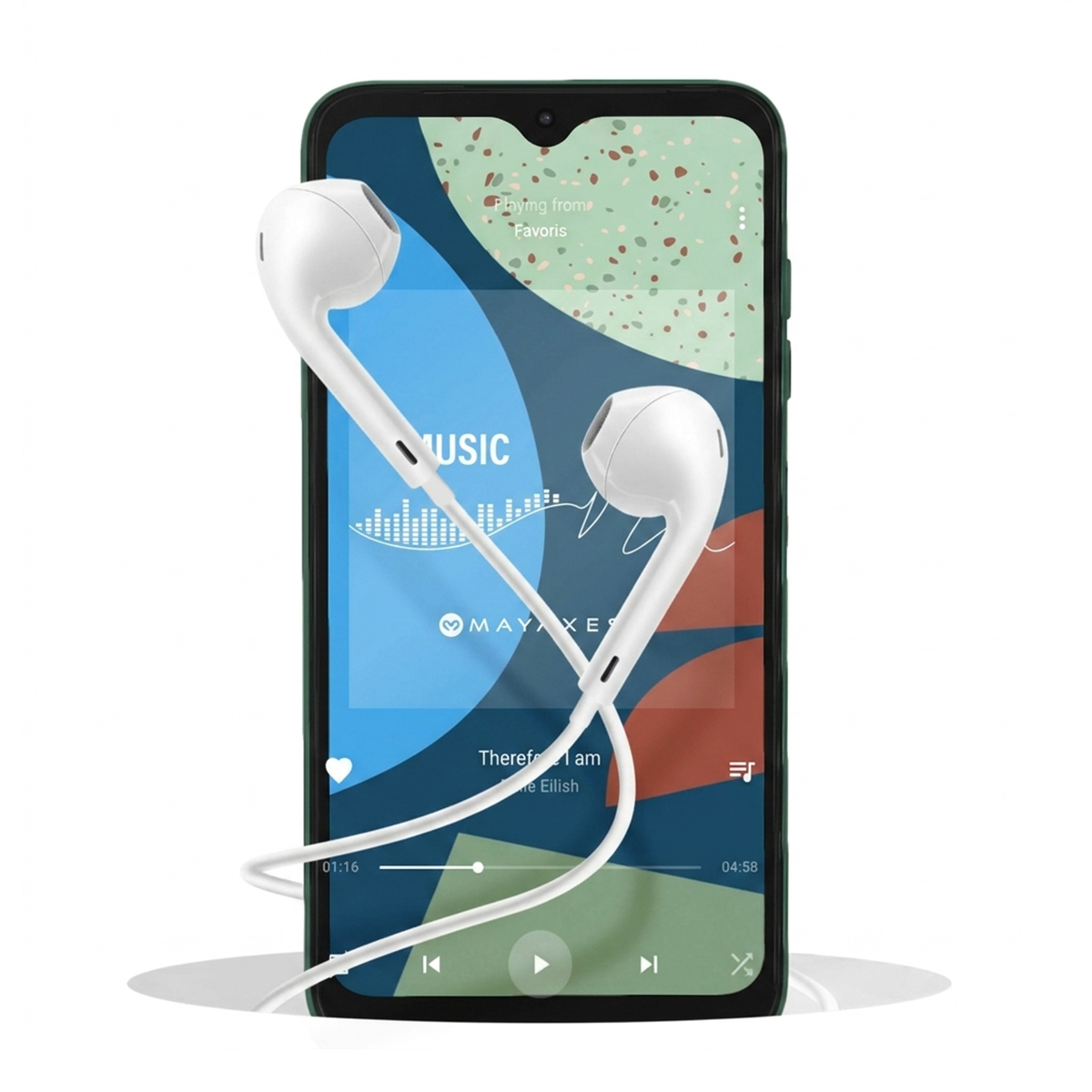 Uno smartphone con auricolari che riproduce un'app musicale.