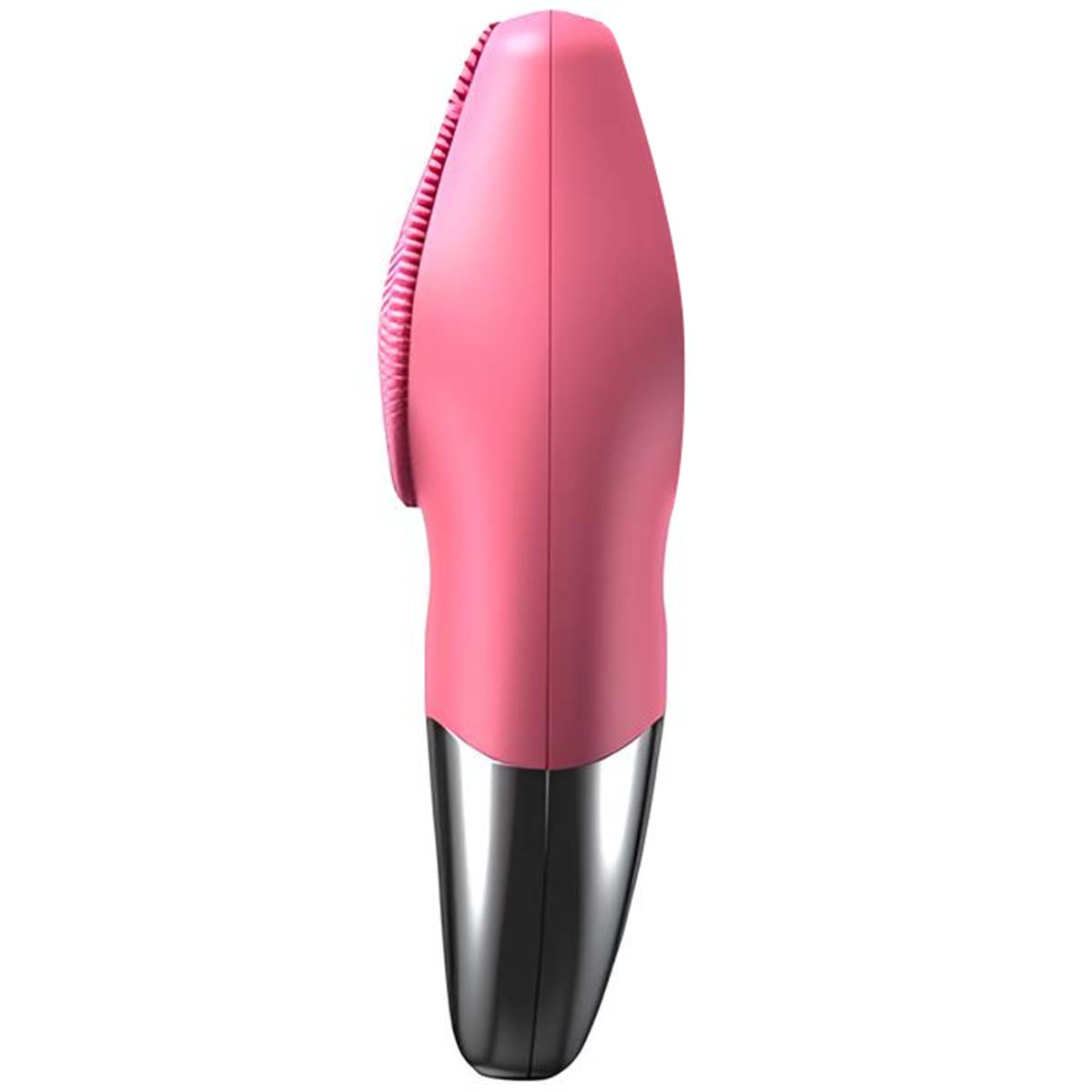 Ein rosa Gesichtsreinigungsgerät mit silbernem Griff und Borsten.