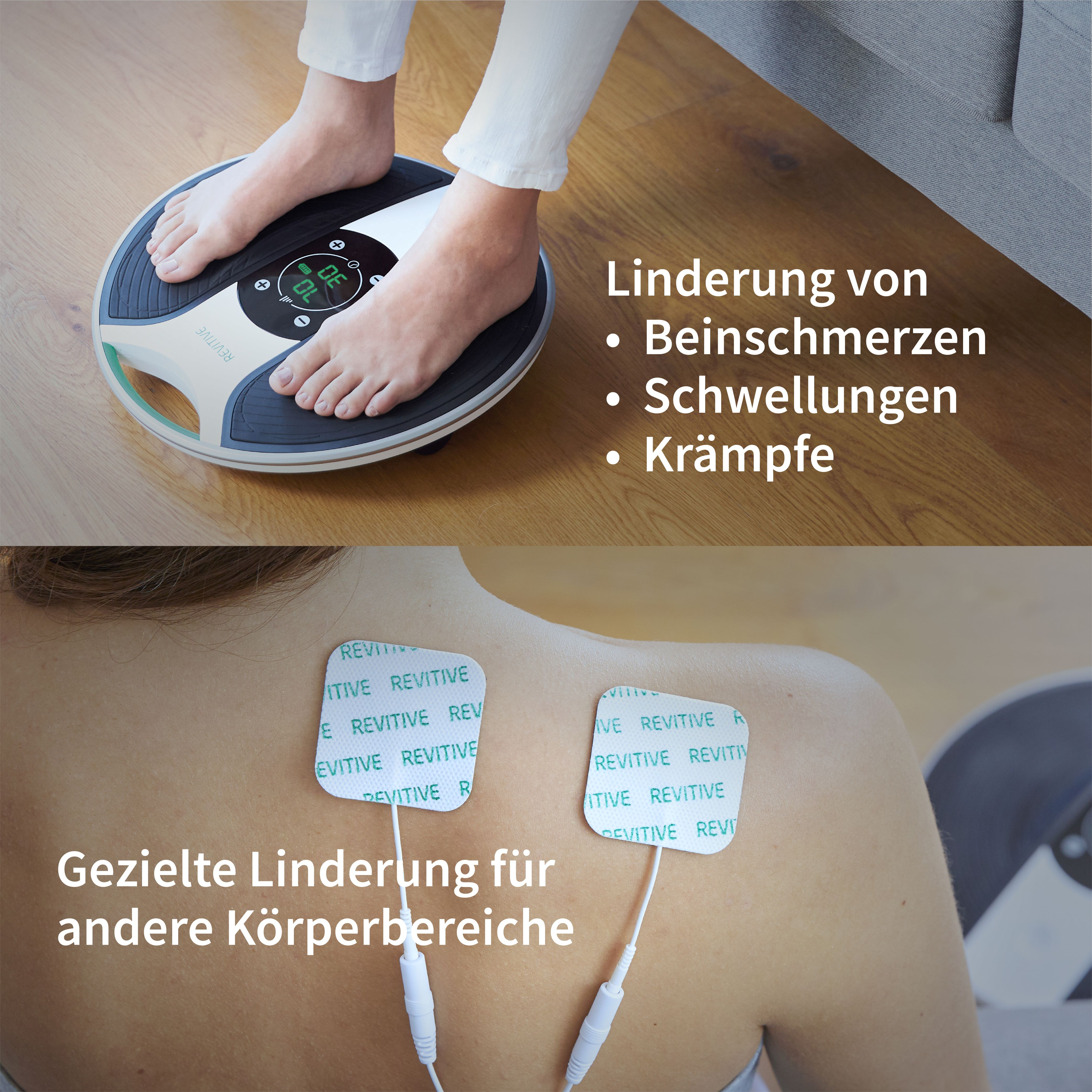 Person auf Vibrationsplatte, Füße auf Gerät, und eine andere Person mit Elektroden auf dem Rücken.