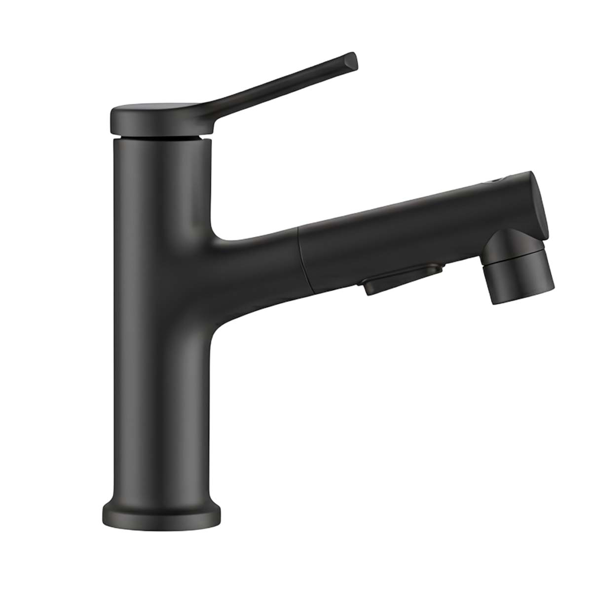 Eine moderne schwarze Küchenarmatur mit ausziehbarem Auslauf auf weißem Hintergrund.