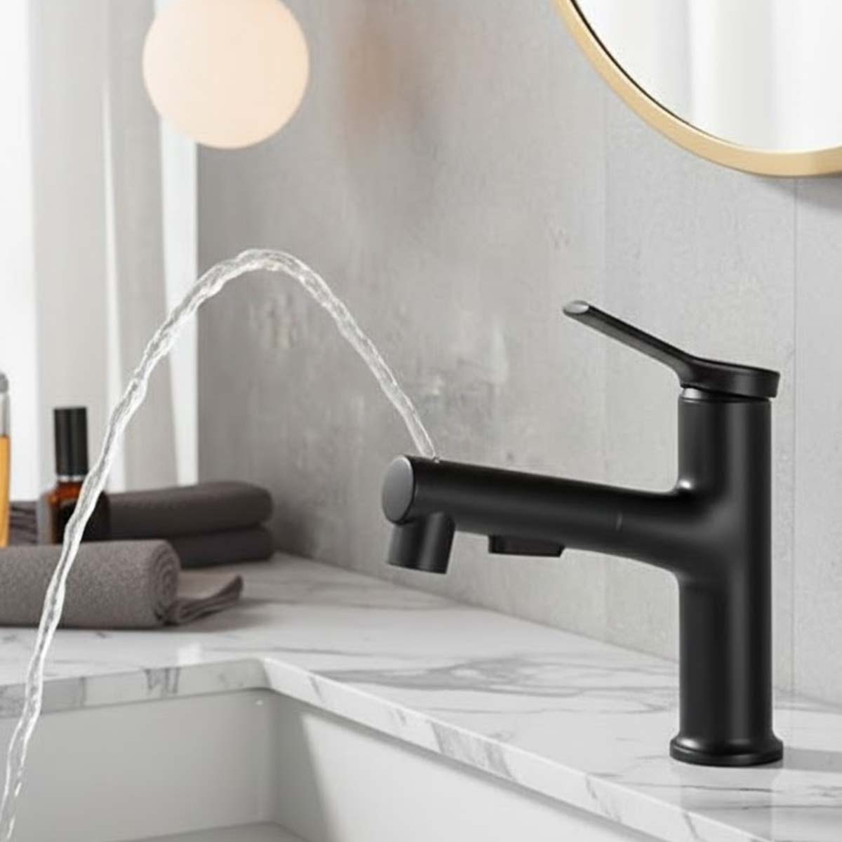 Ein moderner schwarzer Wasserhahn in einem Badezimmer mit fließendem Wasser.