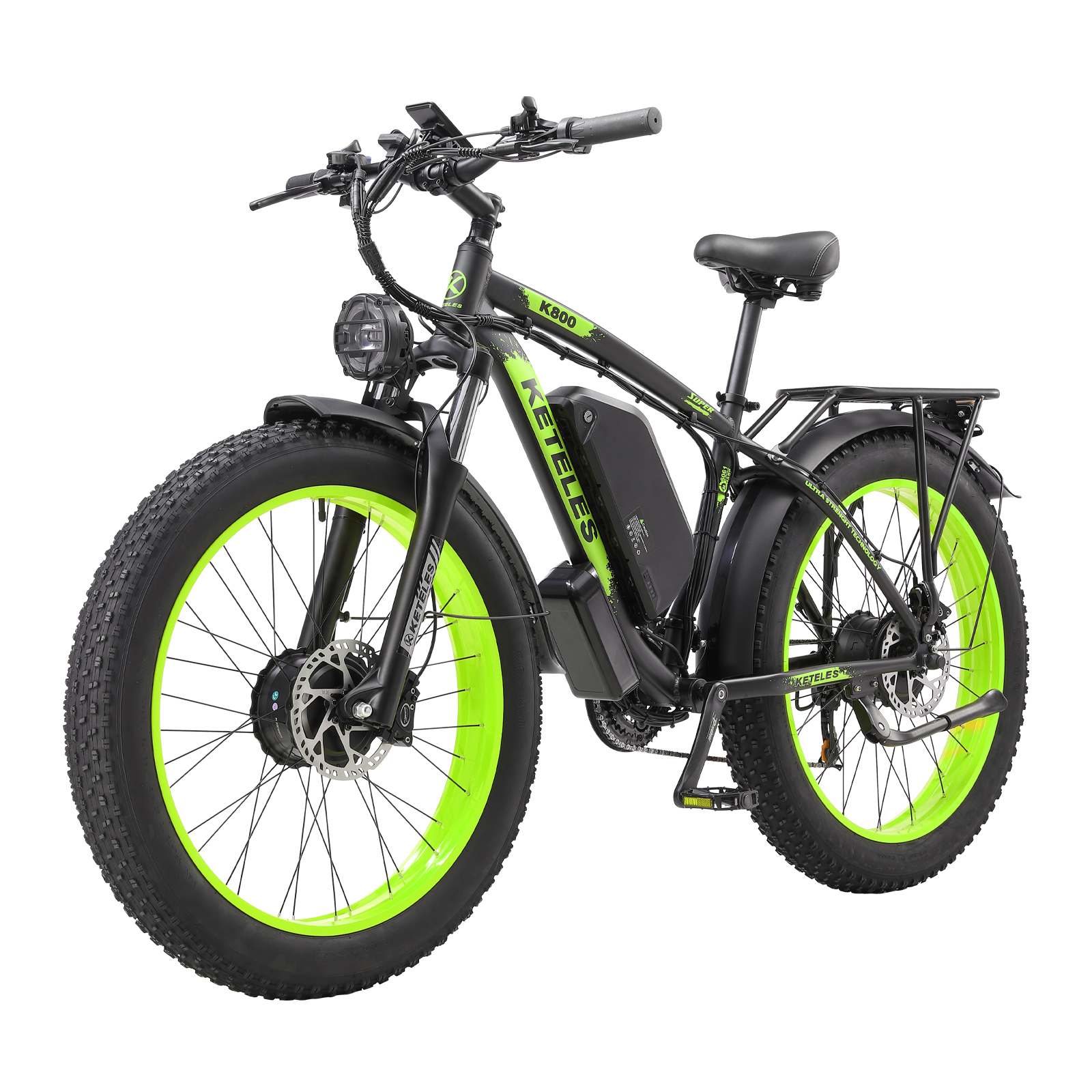 Czarny i zielony rower elektryczny fat bike z widoczną baterią i reflektorem.