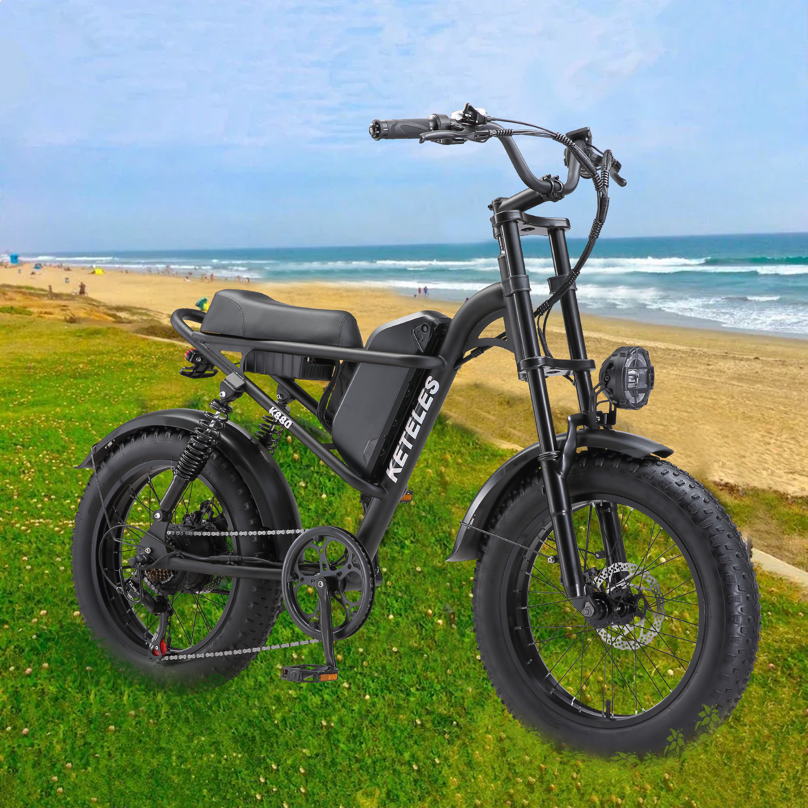 Czarny rower elektryczny zaparkowany na zielonej trawie z oceanem i plażą w tle.