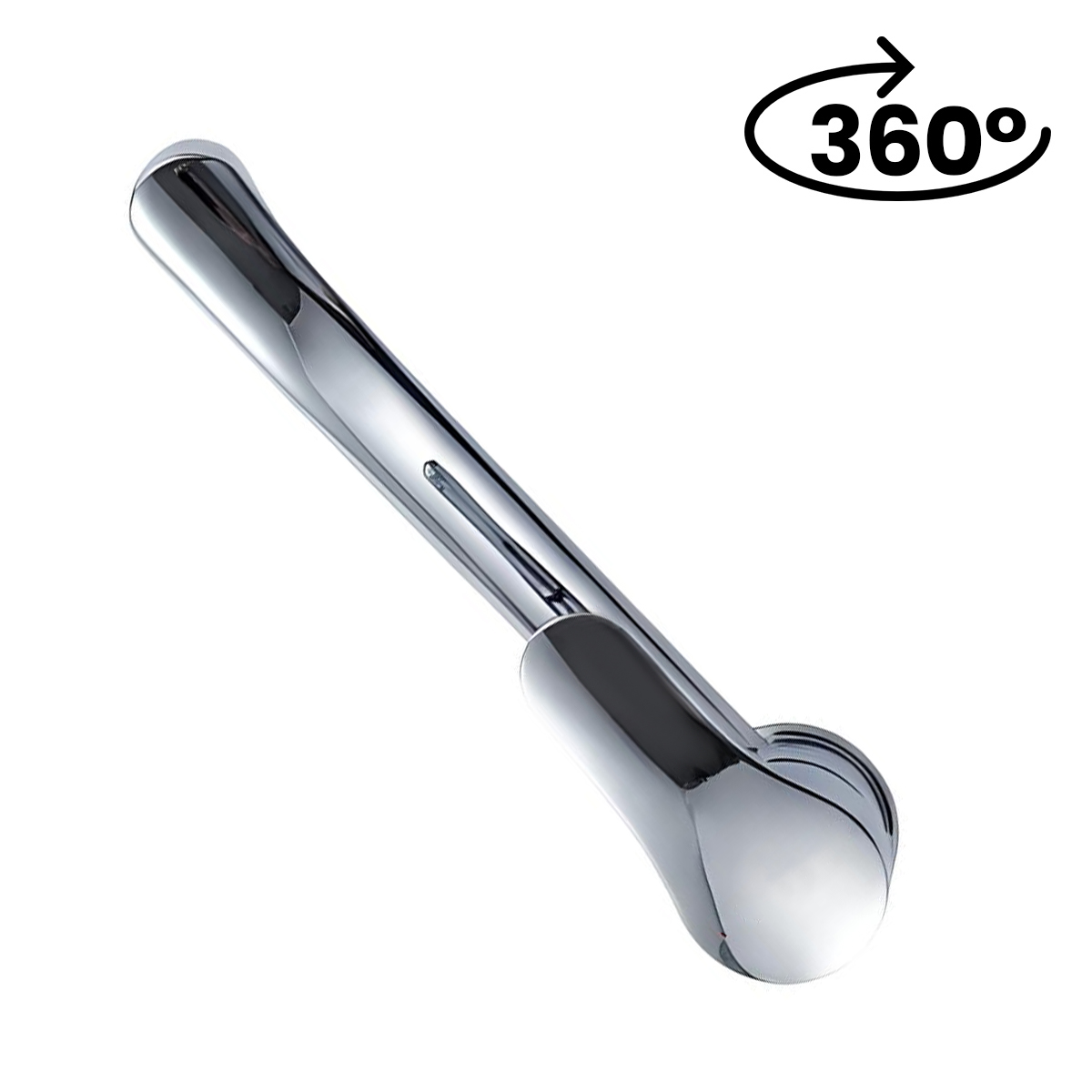 Ein glänzender, silberfarbener Griff mit einem 360-Grad-Symbol.