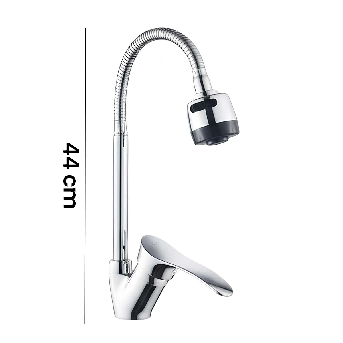 Chrom-Küchenarmatur mit flexiblem Schwanenhals und 44 cm Höhe.