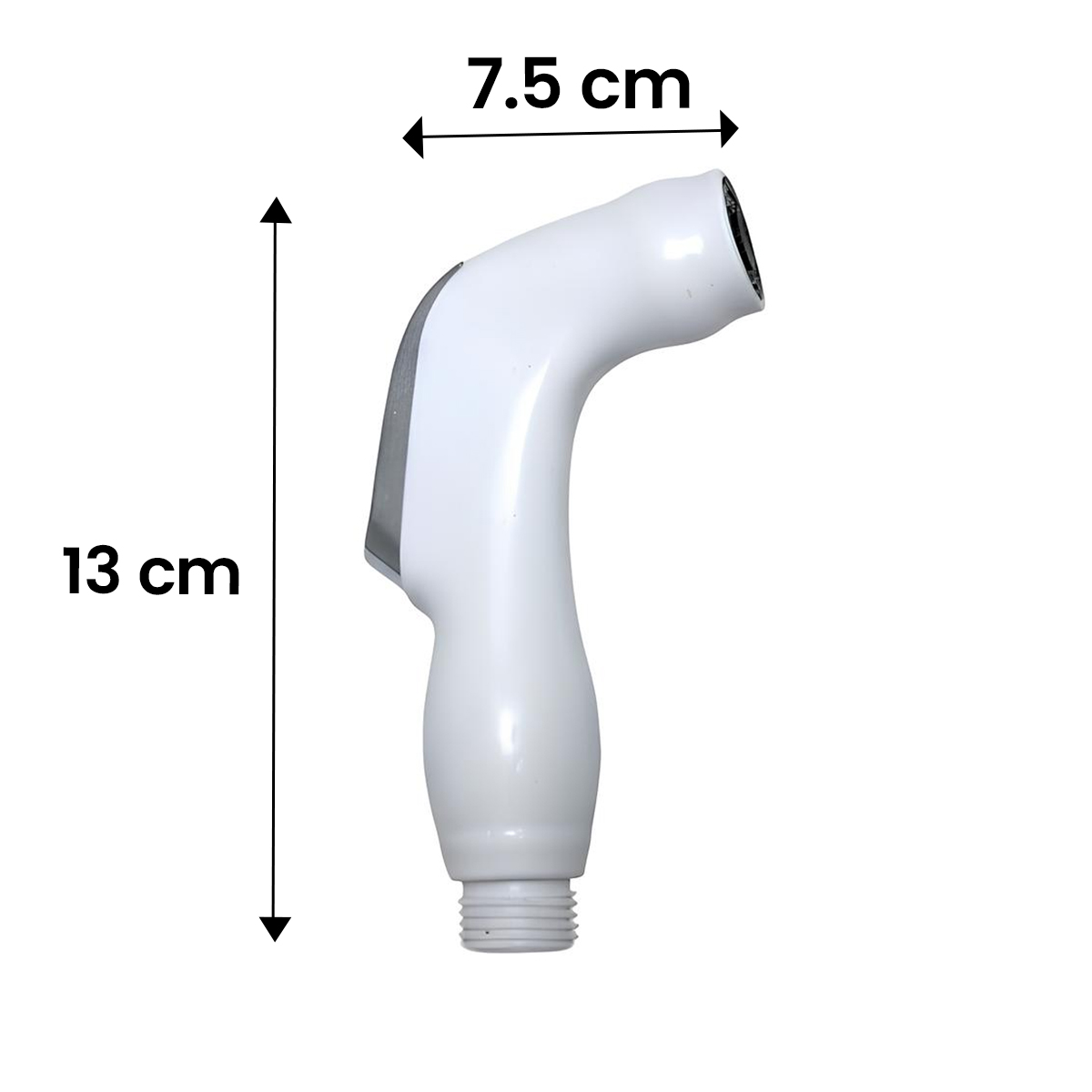 Ein weißer Duschkopf mit silbernem Akzent, 13 cm lang und 7,5 cm breit.
