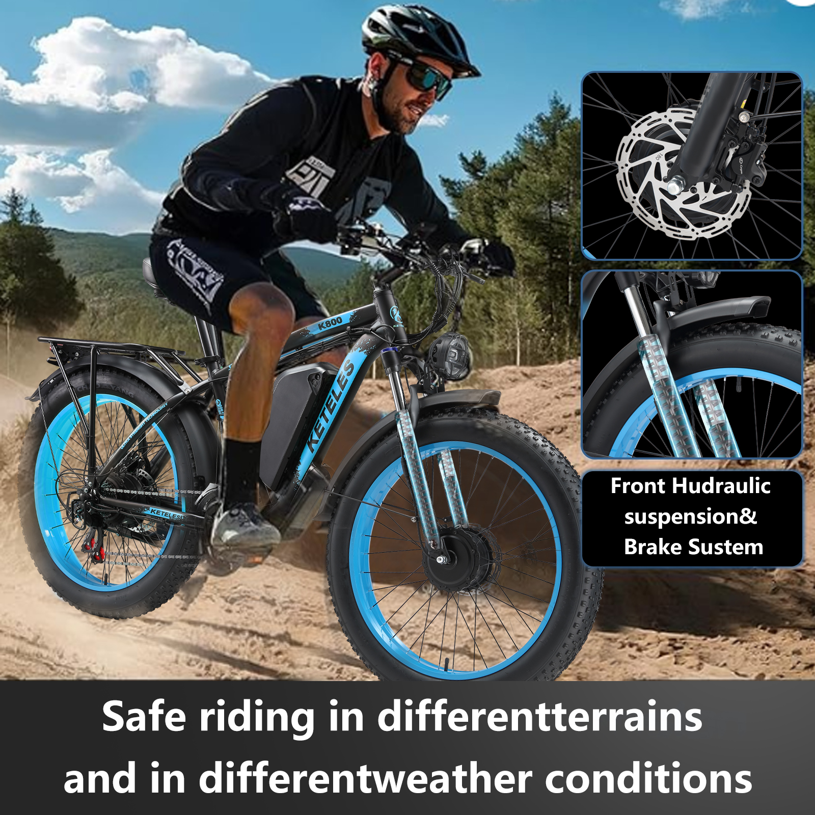 Mężczyzna jedzie na e-fatbike z niebieskimi obręczami po piaszczystym szlaku.