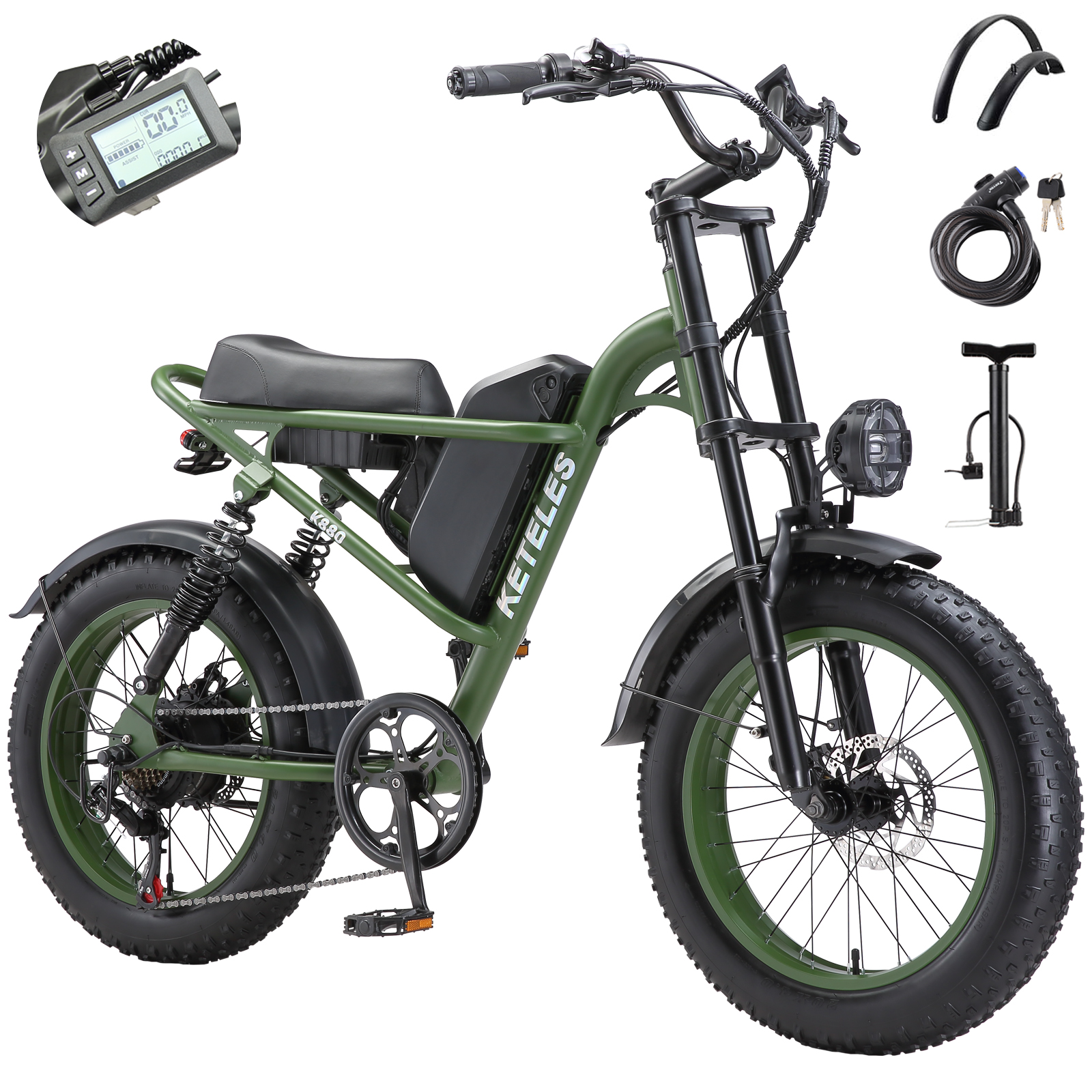 Zielony rower elektryczny typu fatbike z czarnym siodłem, cyfrowym wyświetlaczem. W zestawie blokada i pompka.